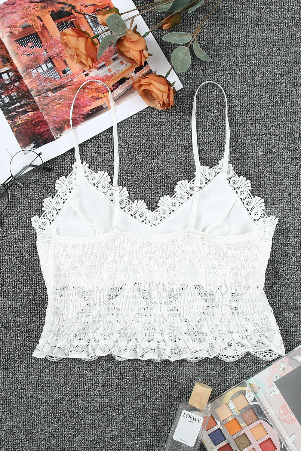 White lace bralette, white cropped top
