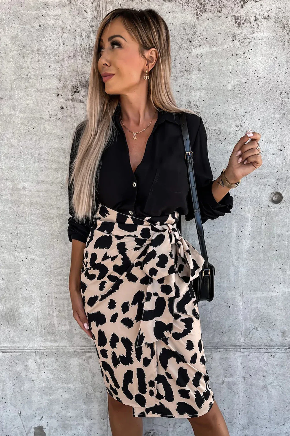 High waist leopard wrap skirt with tie